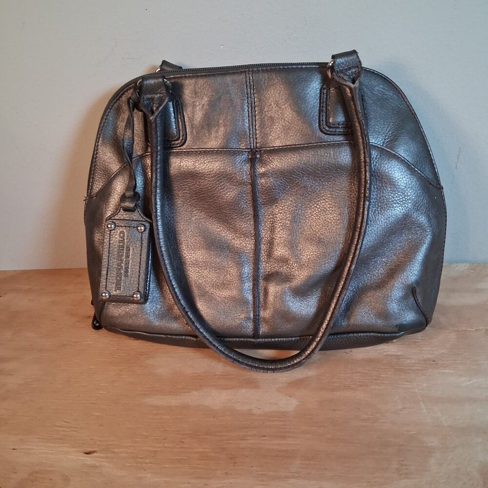 Tignanello Womens Shoulder Bag Silver Genuine Leather Multi Pocket Purse Charm